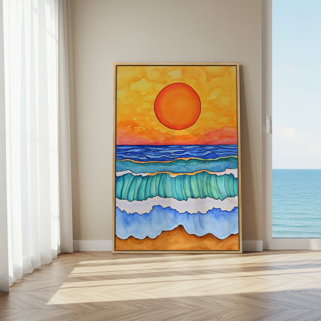 Framed Wall Art: Watercolor sunset and ocean waves in warm orange, blue, and green hues. Coastal art print to brighten your home decor.