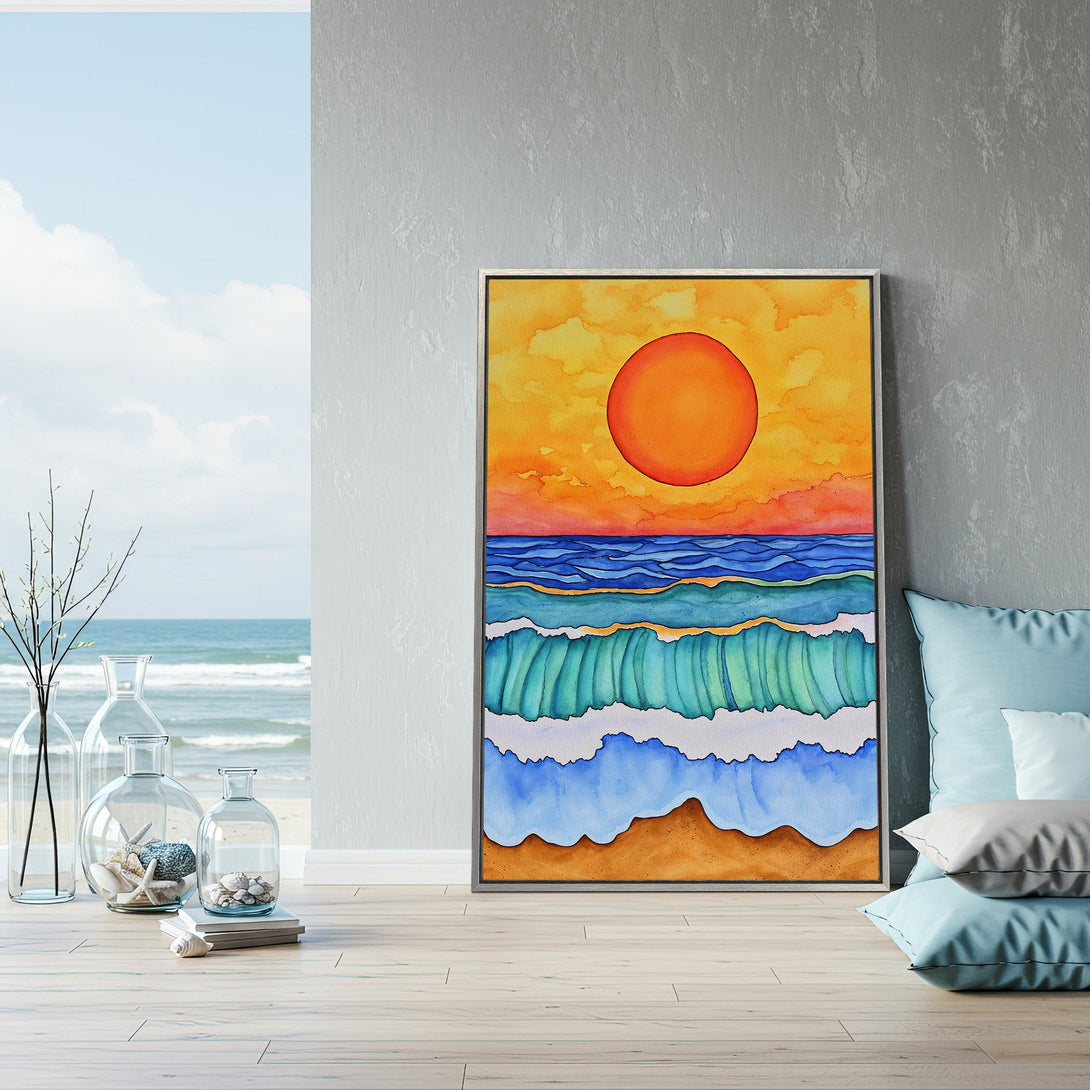 Framed Wall Art featuring a vibrant watercolor ocean scene with a warm orange and blue color palette, perfect for coastal decor.