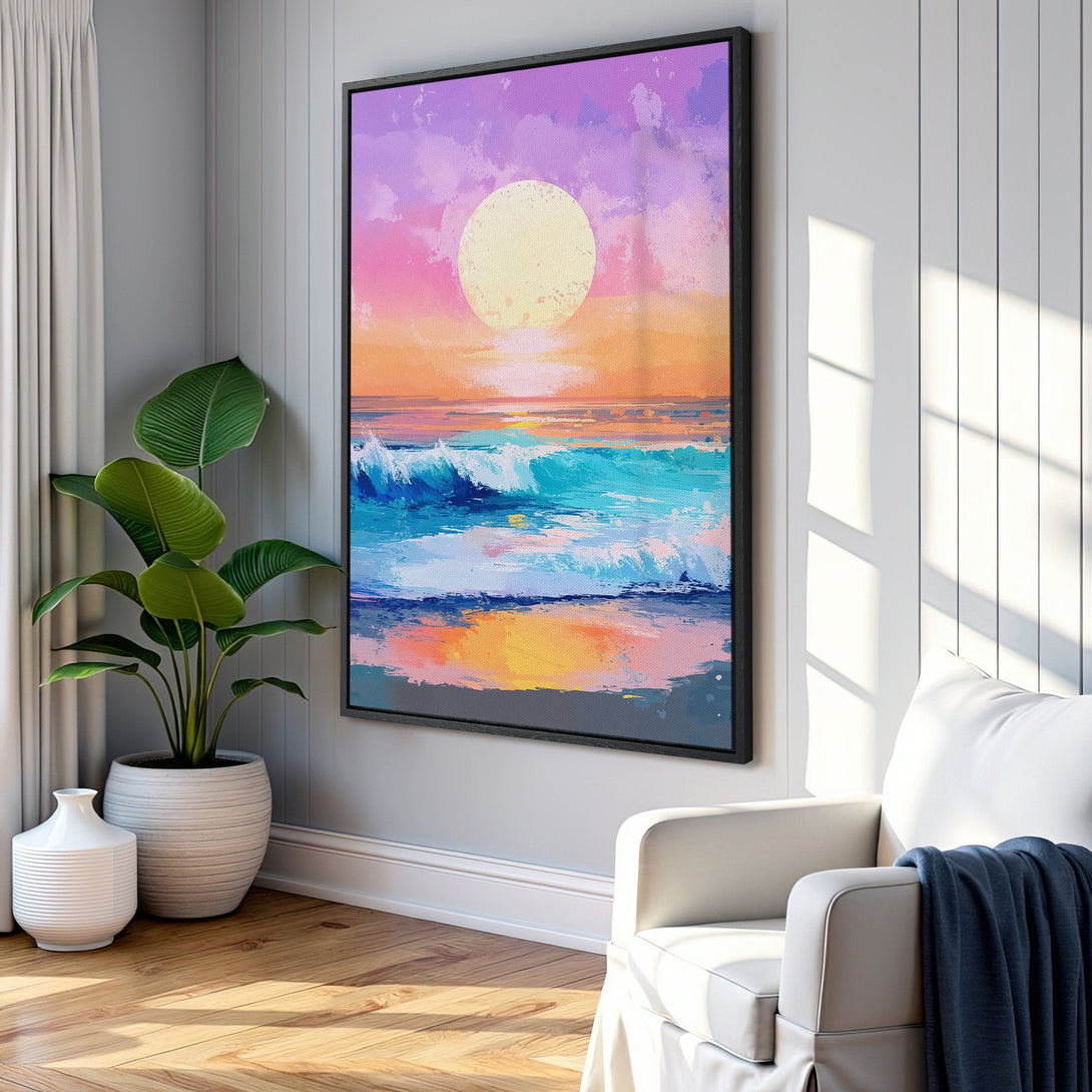 Framed Wall Art: Coastal sunset canvas print in a modern interior. Features vibrant blues, oranges, and purples. Perfect for adding a touch of serenity to your space.