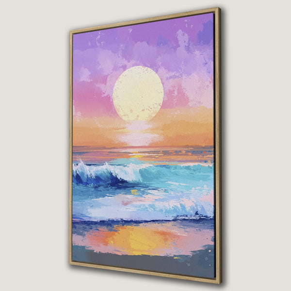 Framed Wall Art: Coastal sunset canvas print with vibrant blues, oranges, and purples. Abstract style ocean waves and sky. Add a touch of serenity to your space!