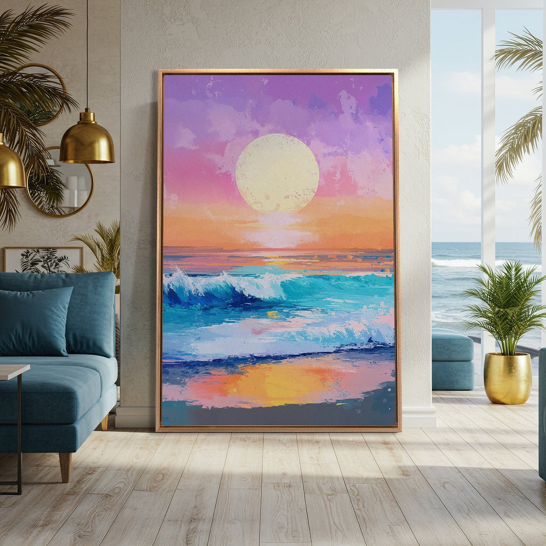 Framed Wall Art: Coastal sunset canvas print in a modern interior. Features vibrant blues, oranges, and purples, evoking a serene beach scene. Perfect for adding color and style.