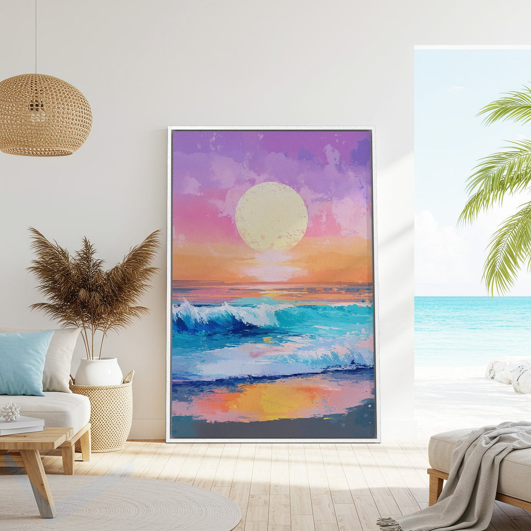 Framed Wall Art: Coastal sunset canvas print in vibrant blues, pinks, and oranges. Perfect for adding a touch of serenity and color to your home decor.