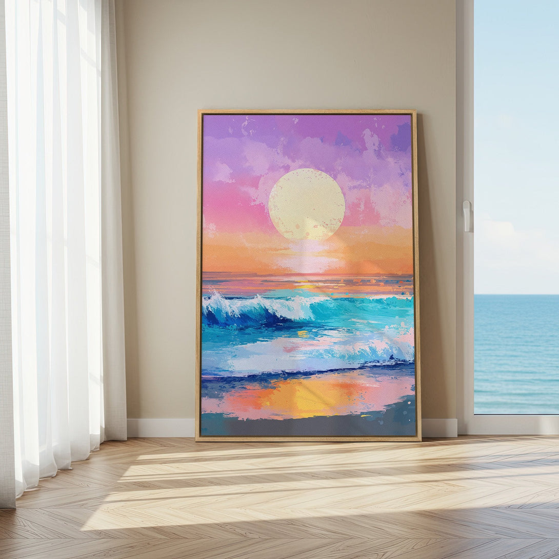 Framed Wall Art: Sunset beach scene canvas print in vibrant pink, orange, and blue hues. Coastal art perfect for adding a pop of color to your home.