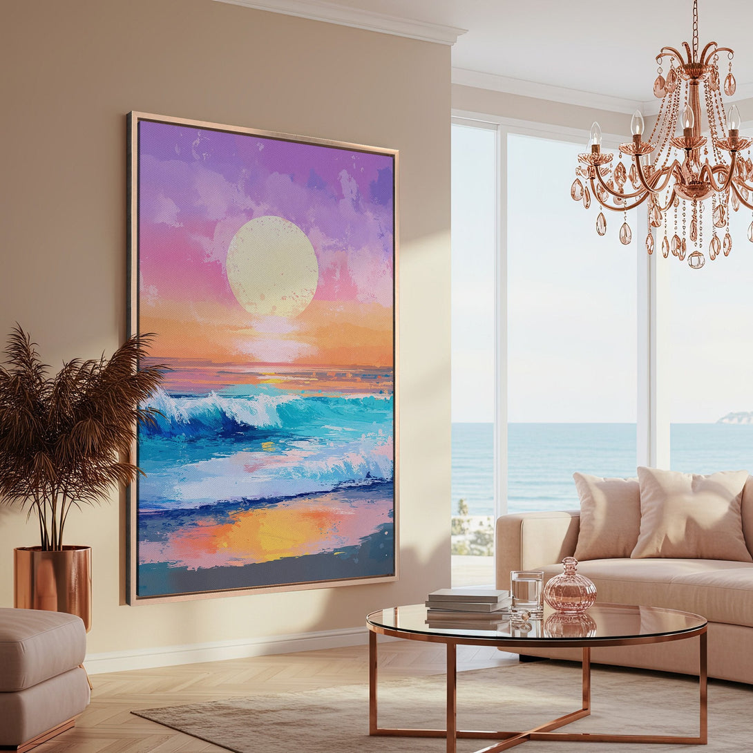 Framed Wall Art Canvas Print of a vibrant ocean sunset. Coastal painting in a modern living room with a warm, colorful palette.