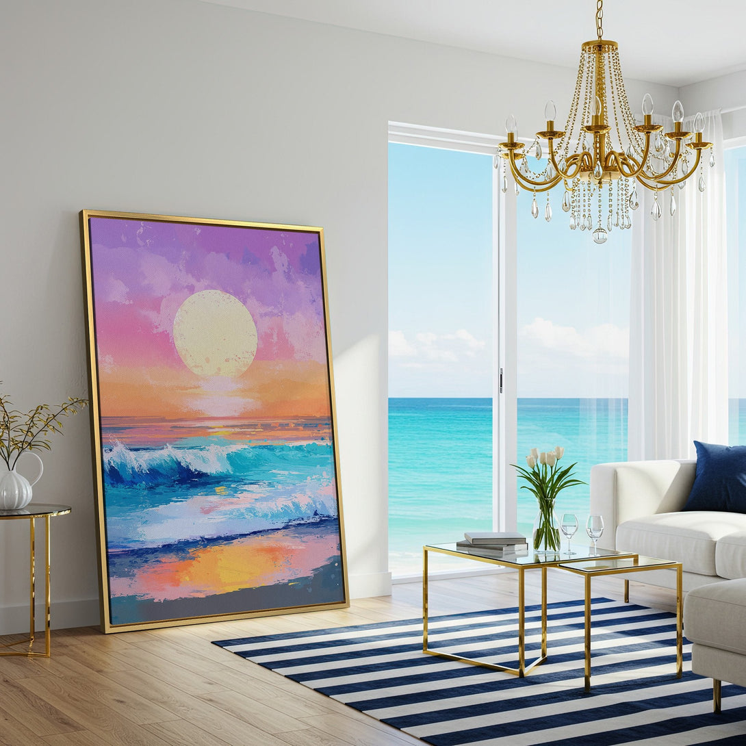 Canvas Print of a vibrant sunset over the ocean, featuring a colorful palette of blues, pinks, and oranges. Perfect for coastal decor!