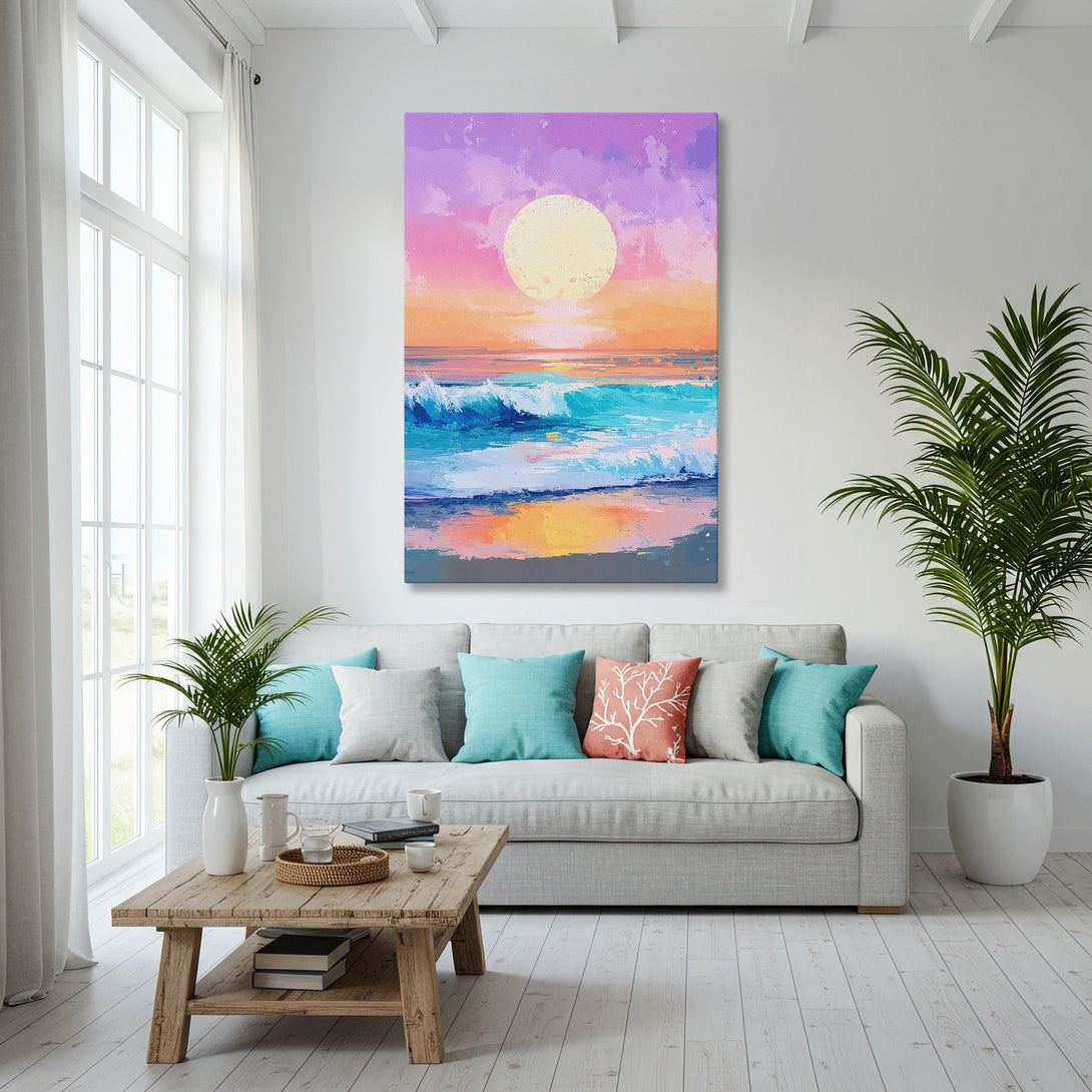 Framed Wall Art featuring a vibrant sunset over the ocean. Coastal-style canvas print with a warm, colorful palette of blues, oranges, and pinks.