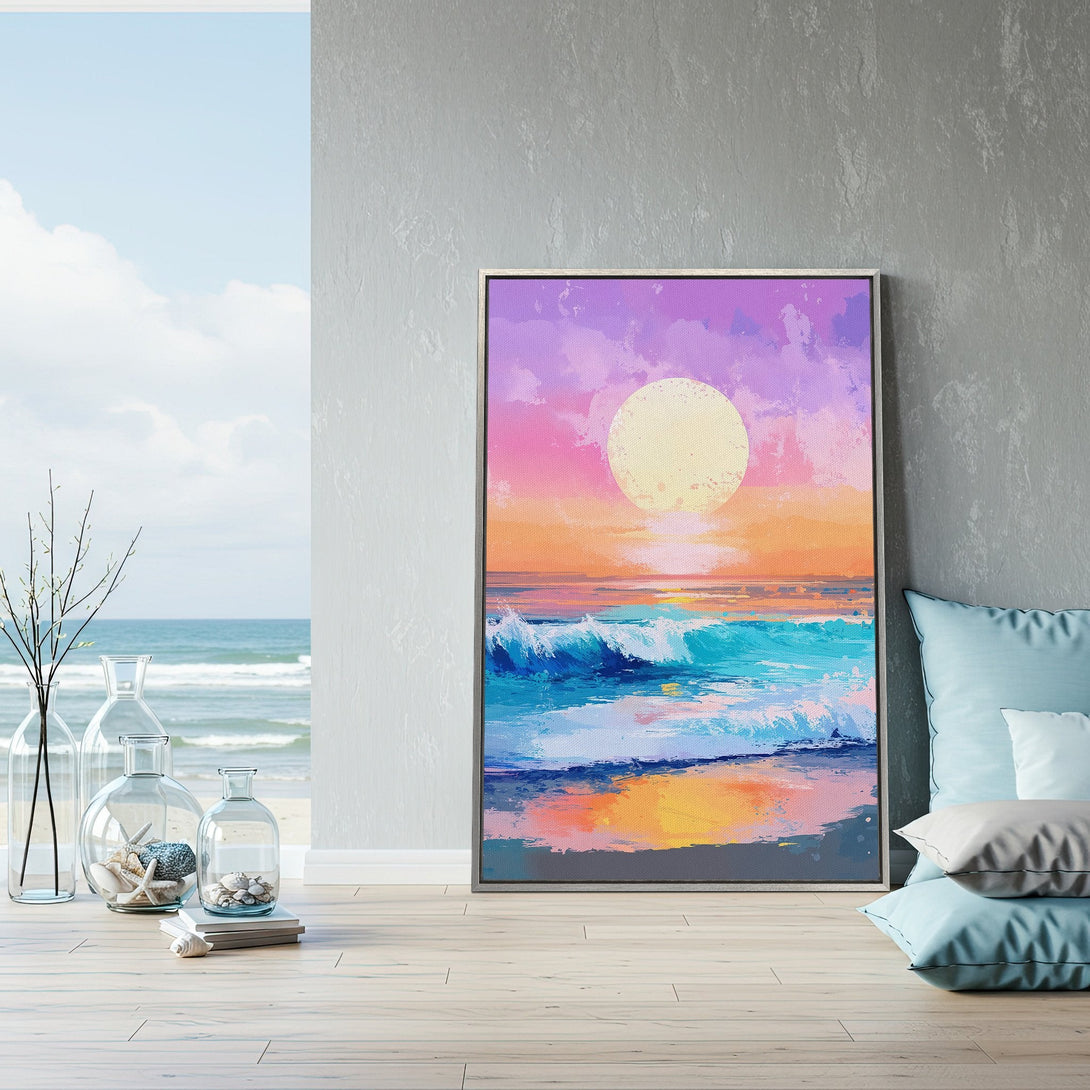 Framed Wall Art: Coastal sunset painting with vibrant blues, pinks, and oranges. Add a touch of serenity to your space with this beautiful canvas print.