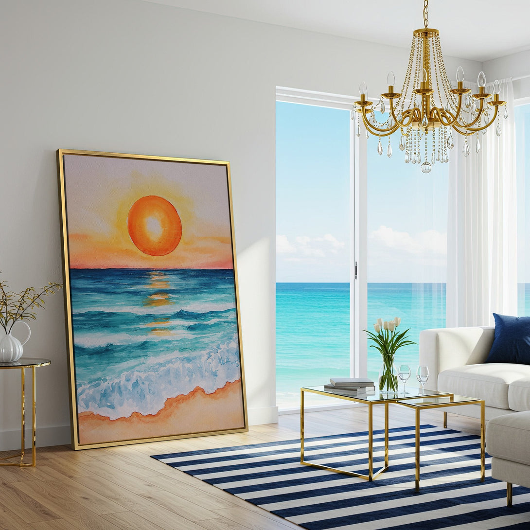 Canvas Print of a watercolor sunset over the ocean, featuring warm orange, blue, and beige tones. Perfect coastal wall art for a relaxing vibe.