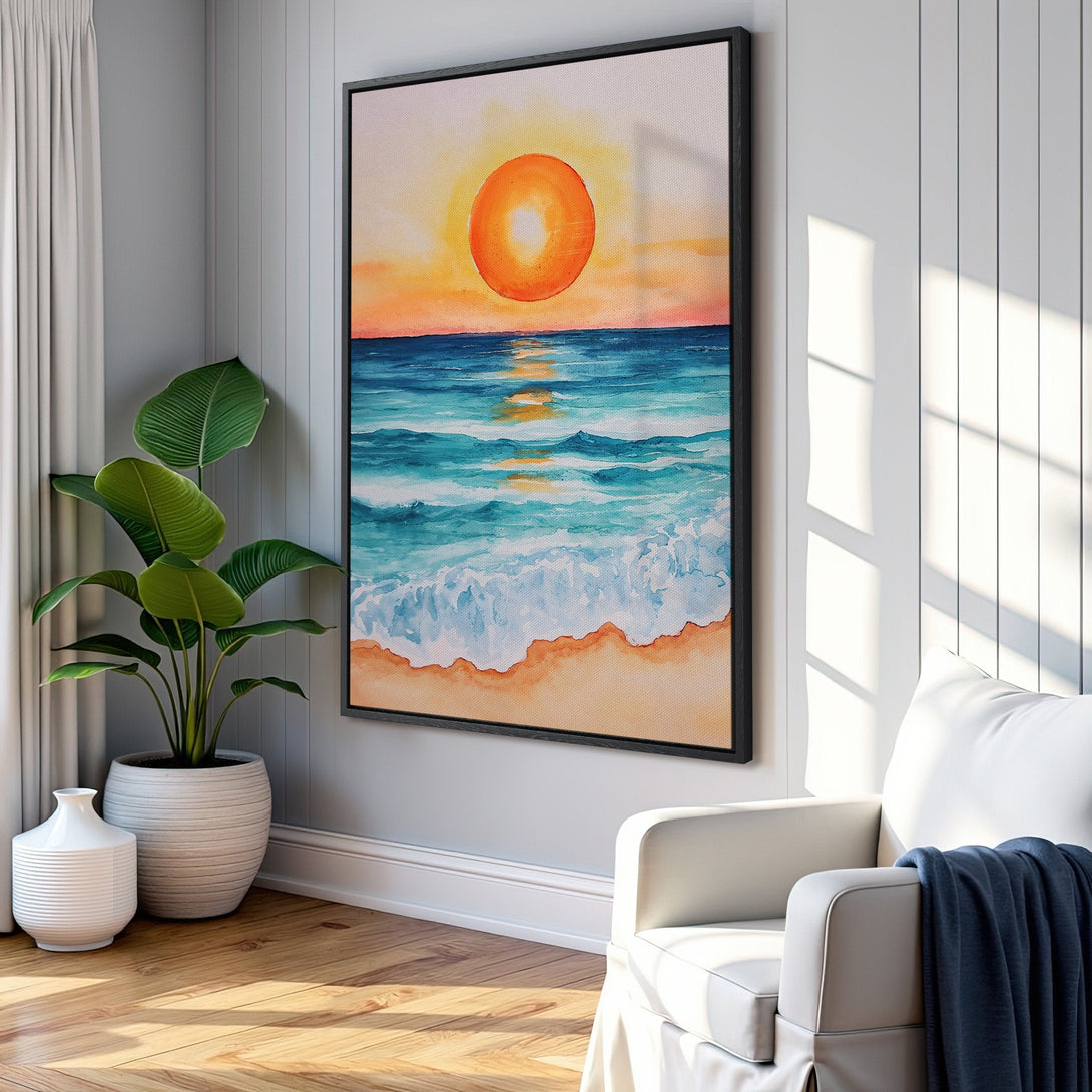 Framed Wall Art: Watercolor sunset beach scene in a coastal style, featuring vibrant orange, blue, and beige hues. Perfect for a relaxing home decor upgrade!
