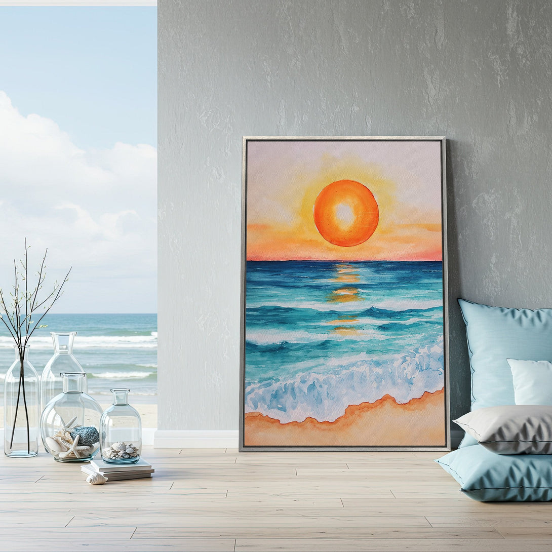 Framed Wall Art: Watercolor sunset over the ocean. Coastal art with warm orange, blue, and teal tones. Perfect for beach house decor.