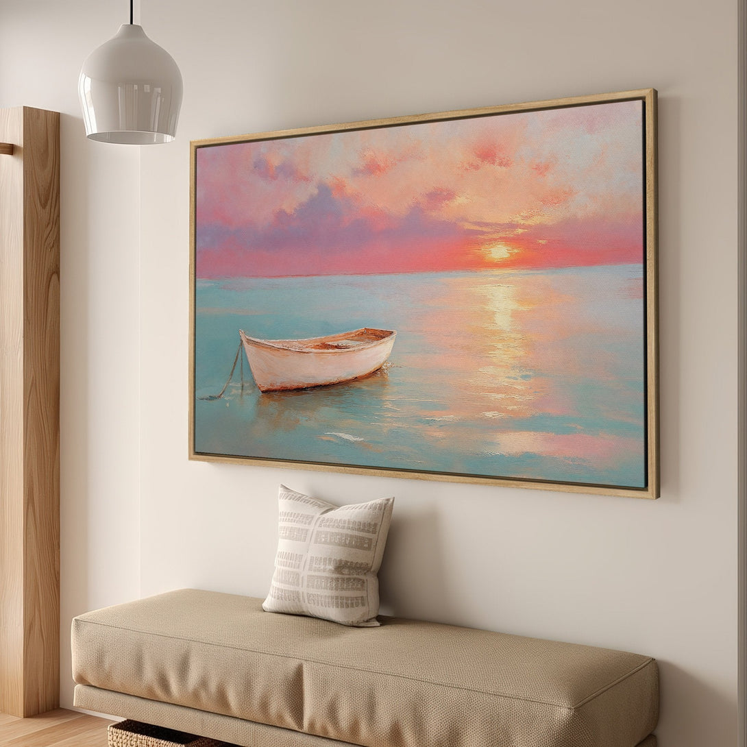 Framed Wall Art: Stunning sunset boat scene in a coastal style, featuring a vibrant pink, orange, and teal color palette. Add serene beauty to your space!