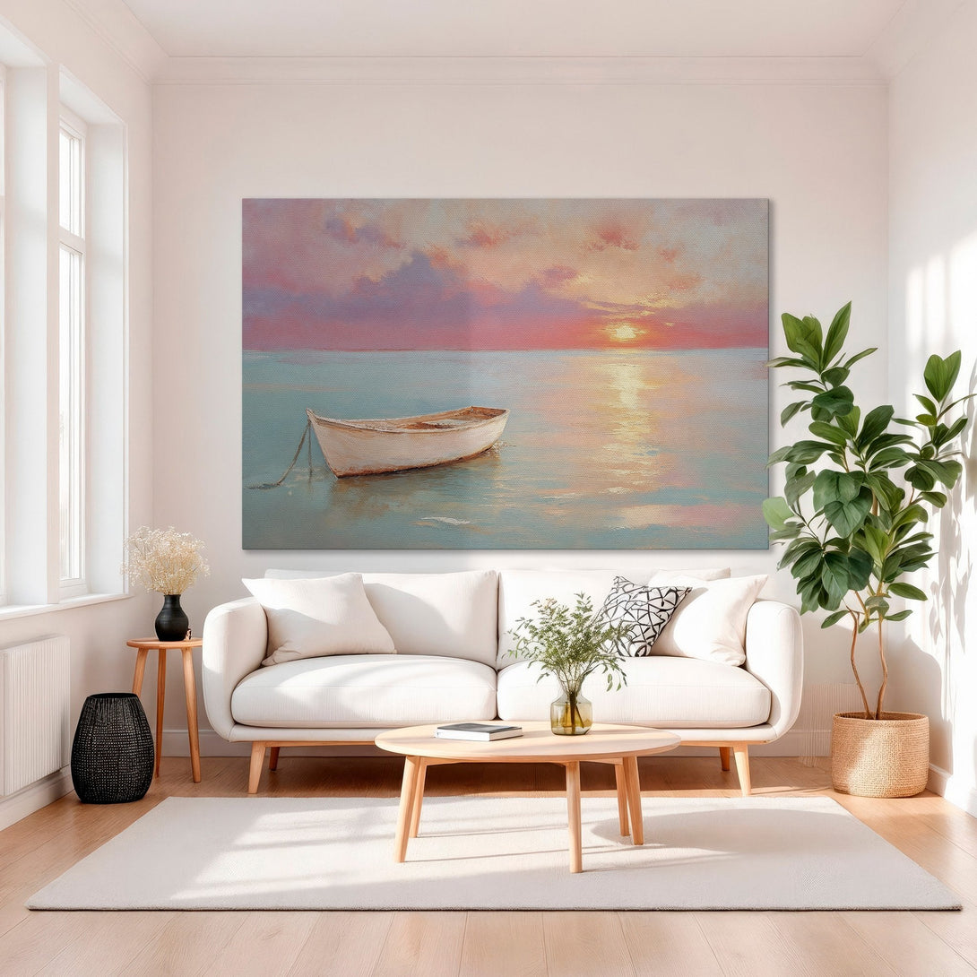 Framed Wall Art: Serene sunset boat scene in pastel pinks and blues. Coastal-inspired art for a calming living room.