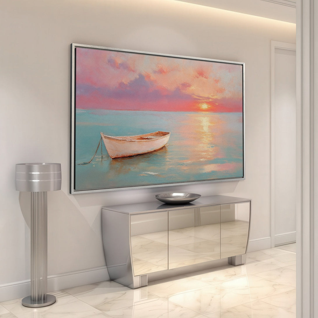 Framed Wall Art: Coastal boat scene in a sunset. Romantic, impressionistic style with pink, orange, and teal hues. Perfect for adding warmth to any space.
