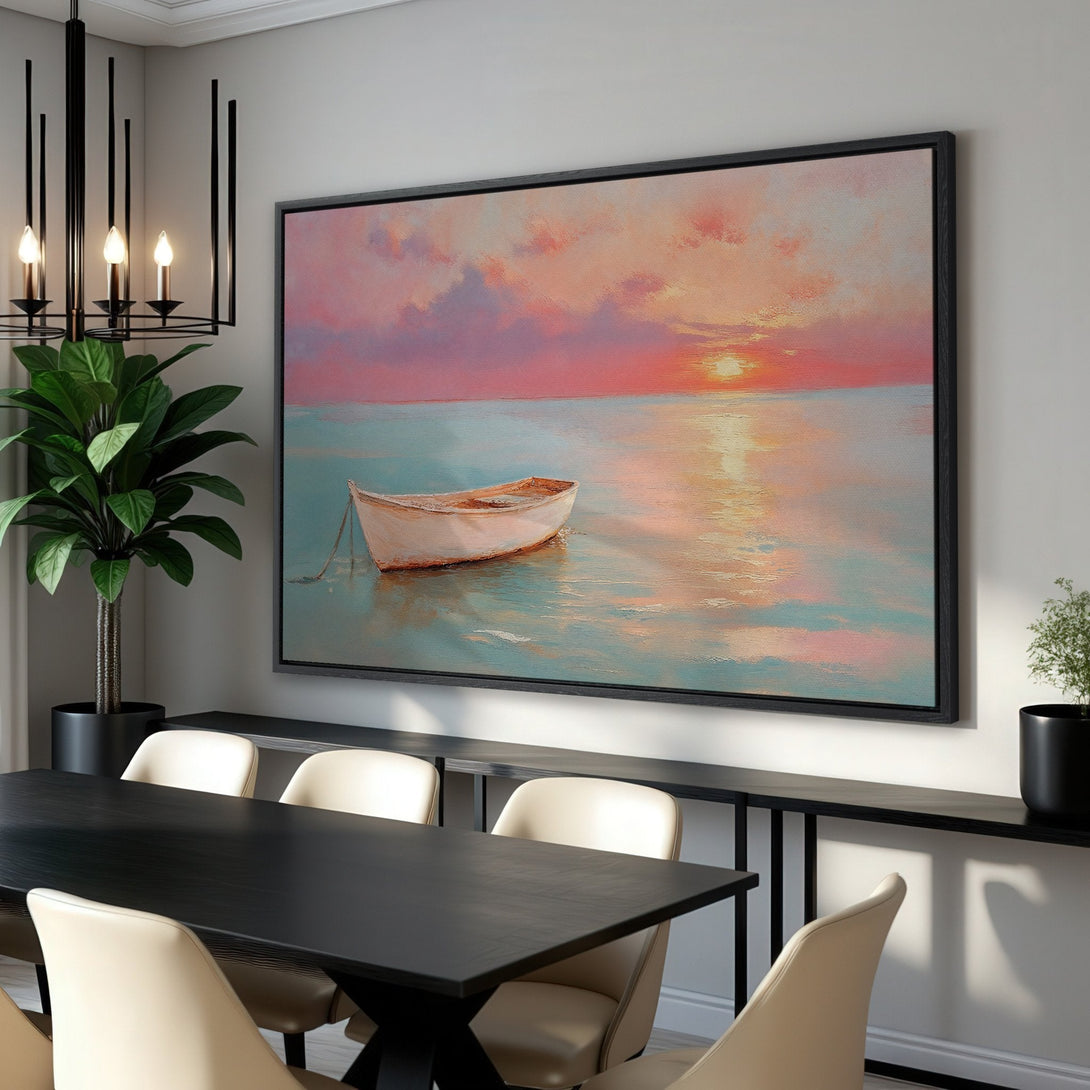 Framed Wall Art: Serene sunset boat scene in pastel pinks, blues, and oranges. Coastal art canvas print perfect for any home decor.
