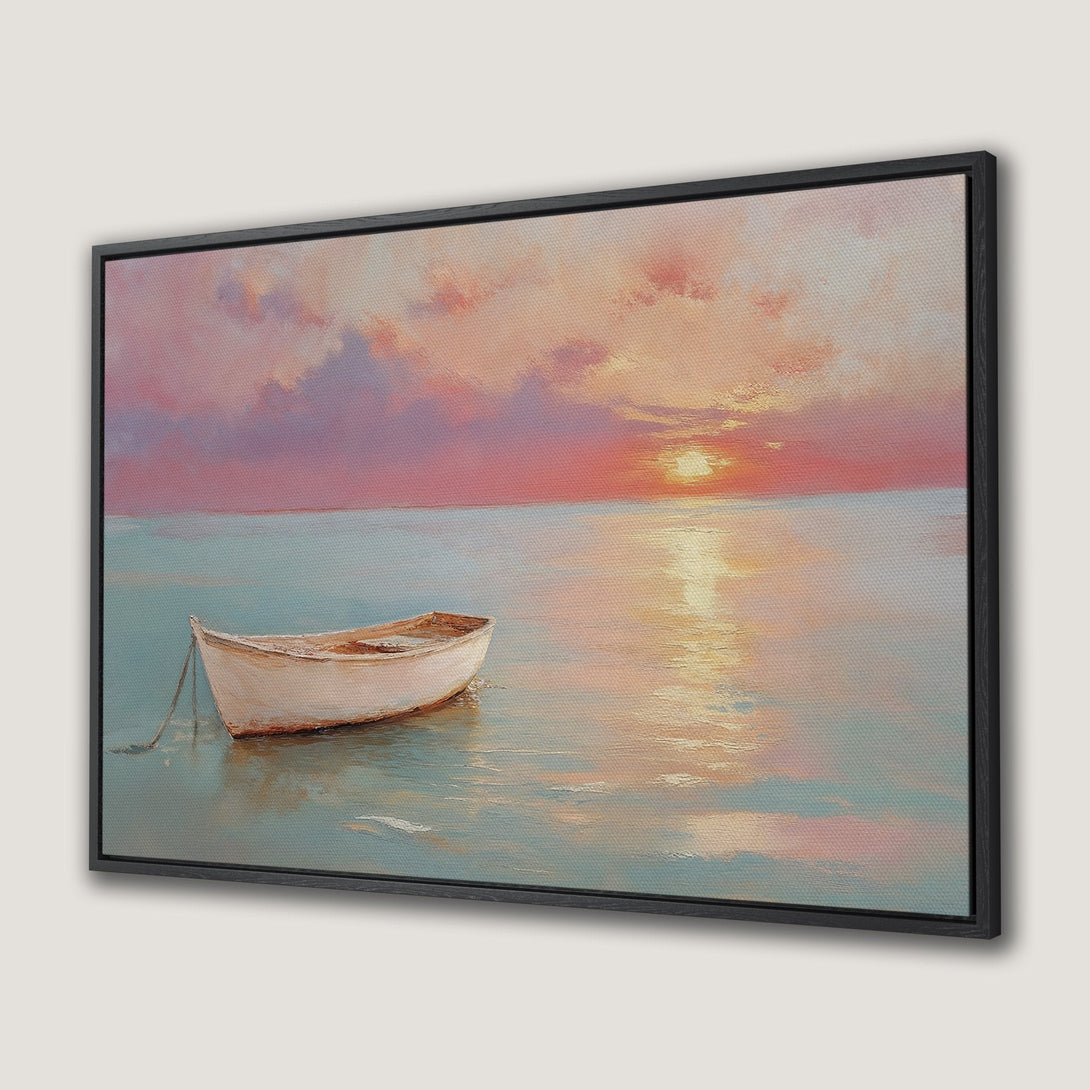 Canvas Print of a serene seascape with a boat at sunset. Pastel pinks and blues create a calming, impressionistic artwork.