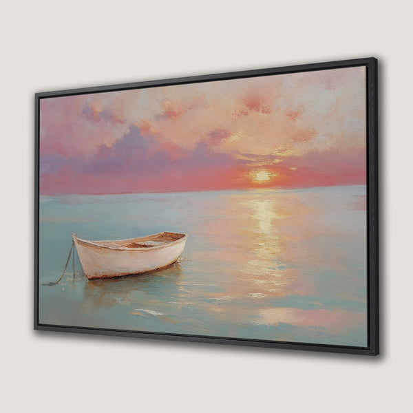 Canvas Print of a serene seascape with a boat at sunset. Pastel pinks and blues create a calming, impressionistic artwork.