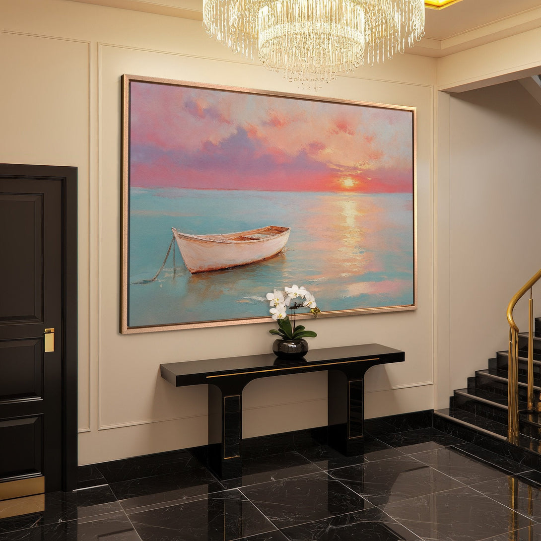 Framed Wall Art: Coastal sunset painting with boat. Soft pink and blue color palette. Perfect for adding a touch of serenity to your home decor.