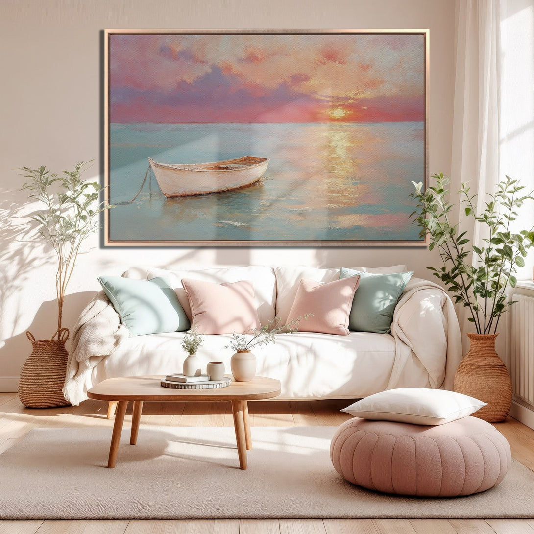Framed Wall Art: Serene sunset boat scene in pastel pinks and blues. Coastal art for a calming living room. Shop Canvas Prints today!