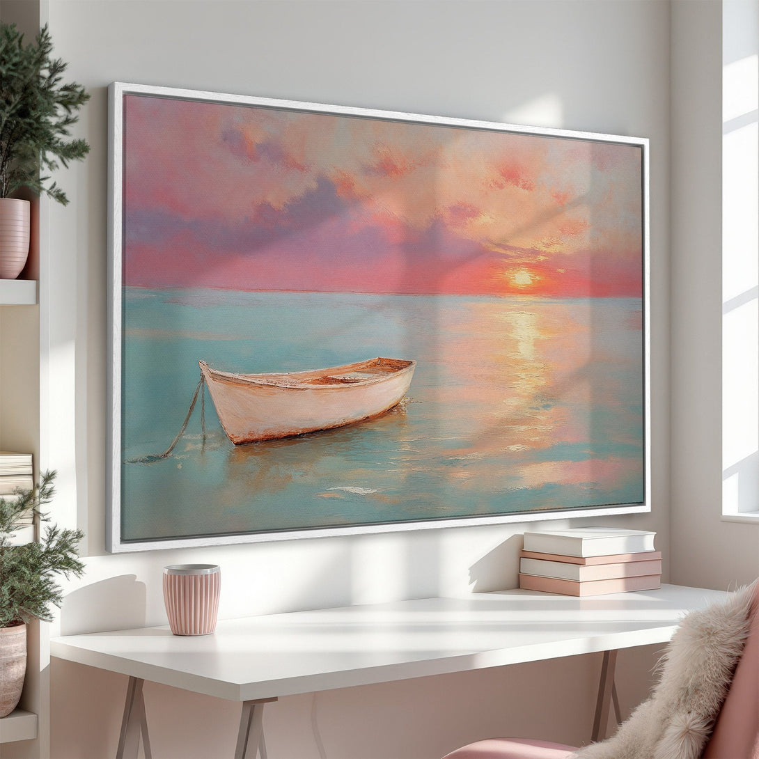Framed Wall Art: Serene boat scene in pastel pink, teal, and orange. Coastal art style Canvas Print for a calming home decor.