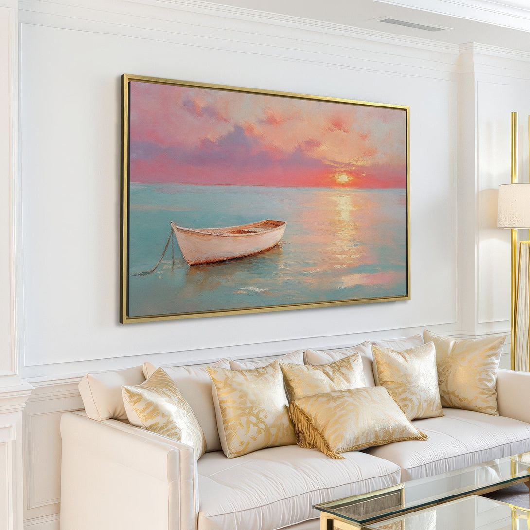 Canvas Print of a serene boat scene with a sunset, in a pastel color palette. Perfect for adding a calming touch to any space.