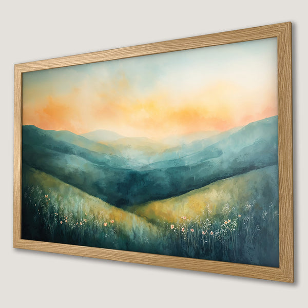 Framed Poster featuring a watercolor landscape with mountains, in a teal and orange color palette. Add a touch of nature to your home!