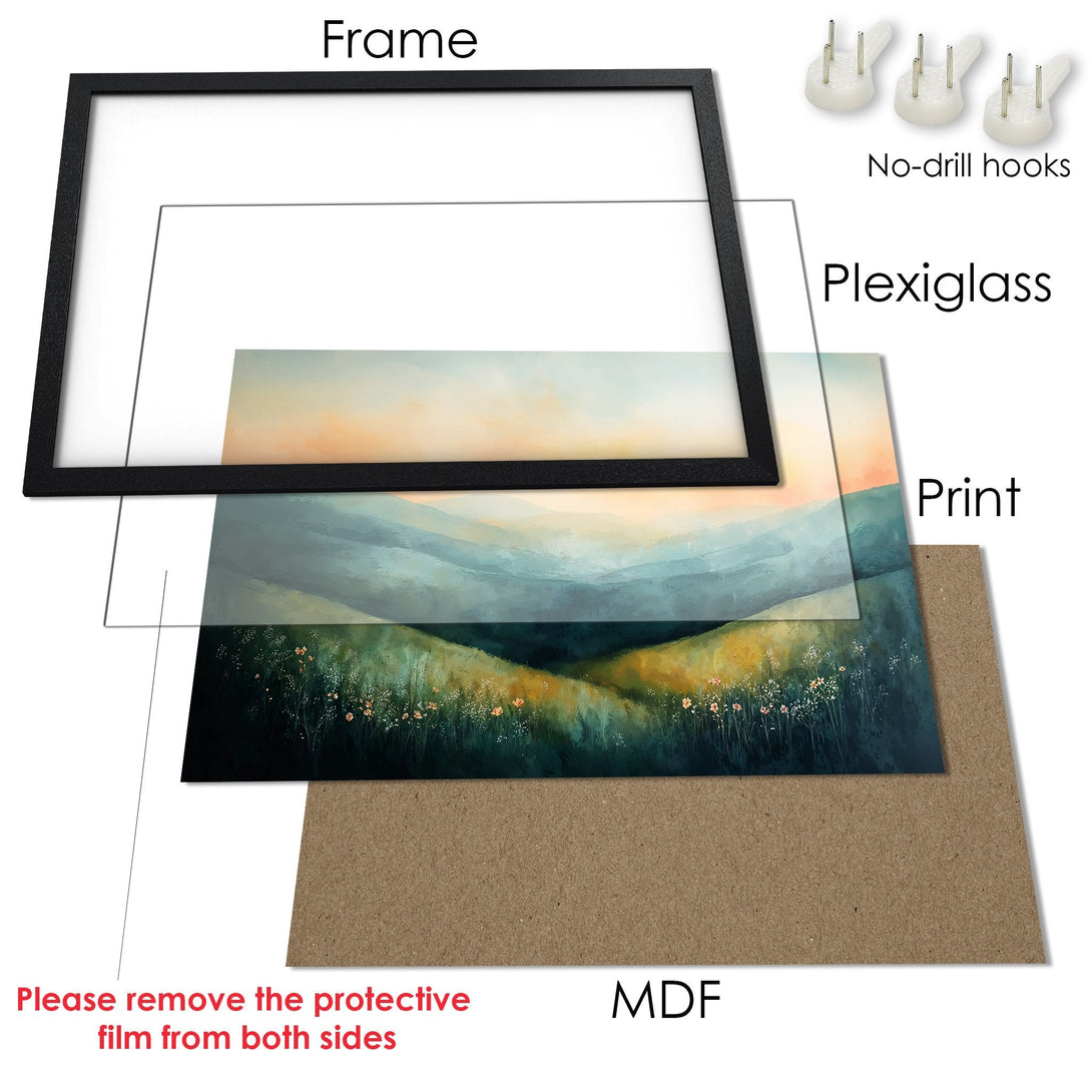 Framed Poster with a serene landscape print. Featuring a black frame and a calming color palette of blues, greens, and yellows.