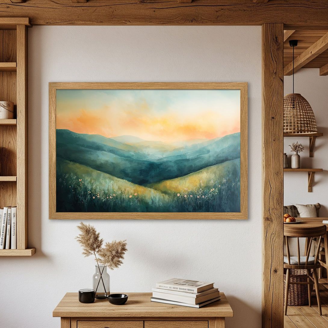 Framed Poster of serene landscape art in watercolor style with blue, green, and orange hues. Perfect wall decor!