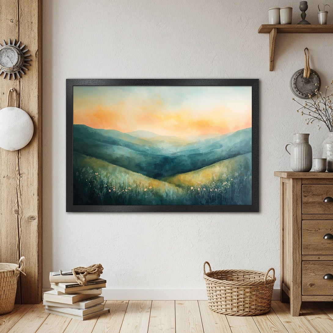 Framed Poster of a serene landscape painting. Features mountains, meadow, and sunset in watercolor style. Earthy color palette.