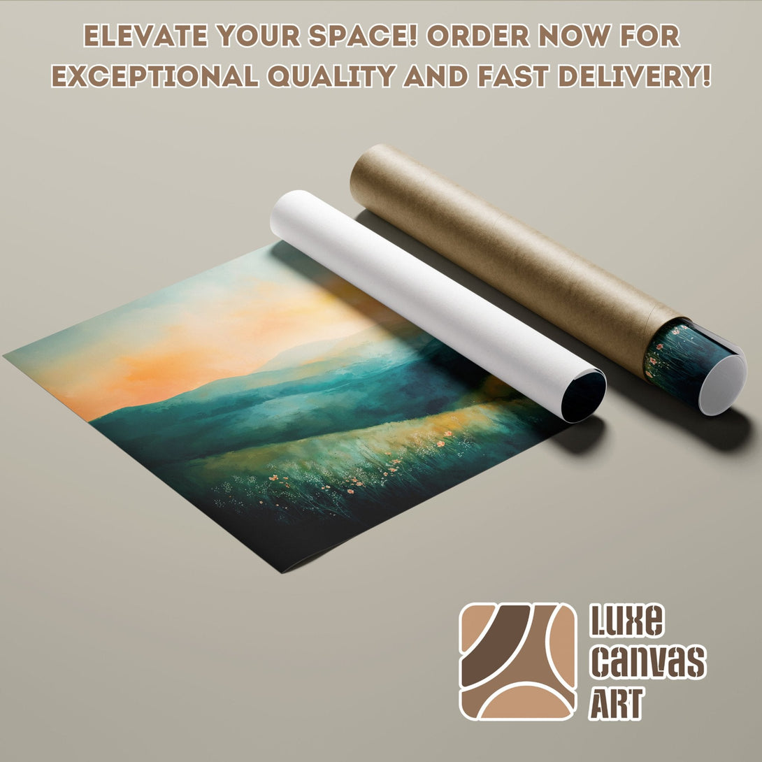Abstract landscape poster roll, teal, orange, and green color palette. Elevate your space with art!