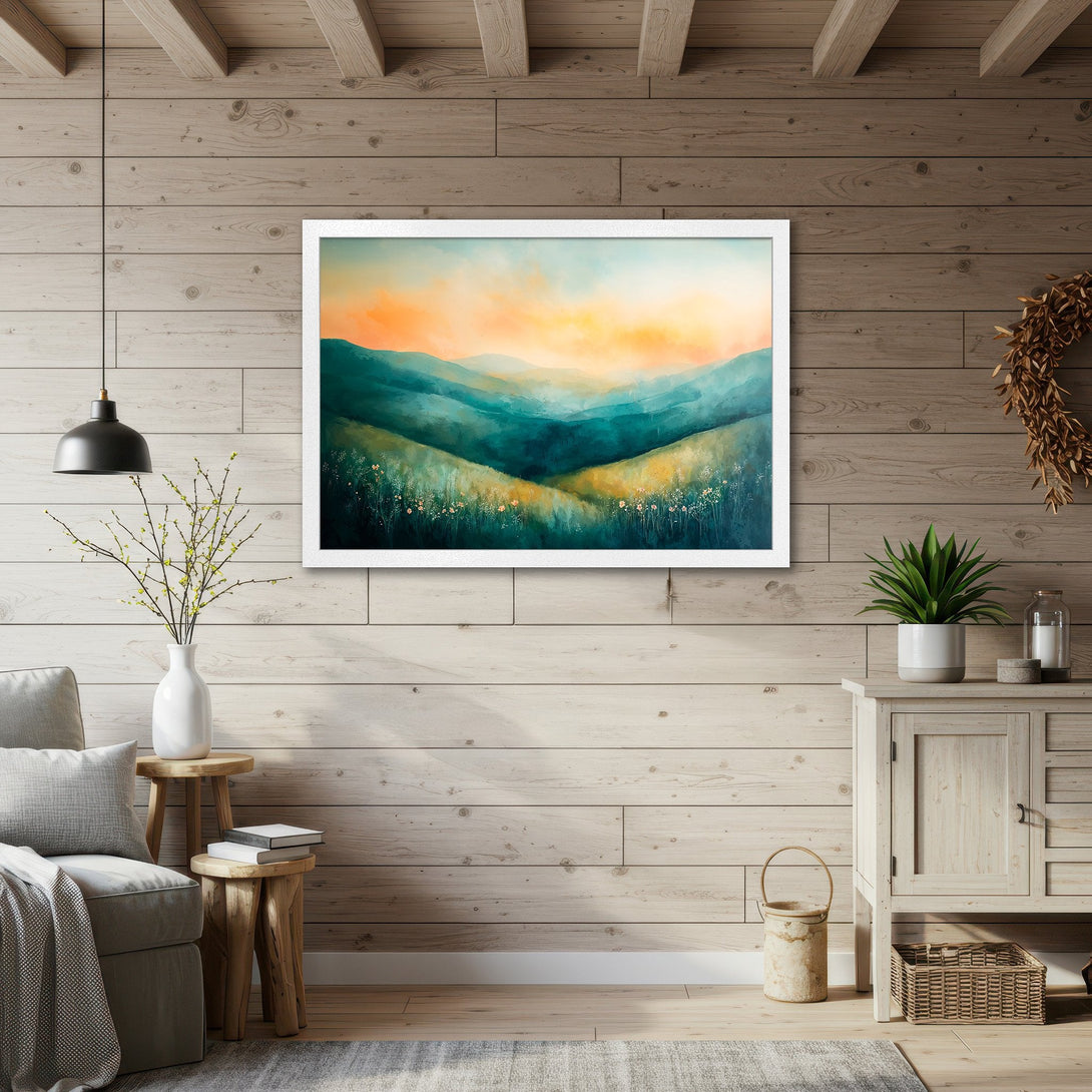 Framed Poster of a serene watercolor landscape in teal, orange, and yellow. Perfect wall art for a calming home decor.