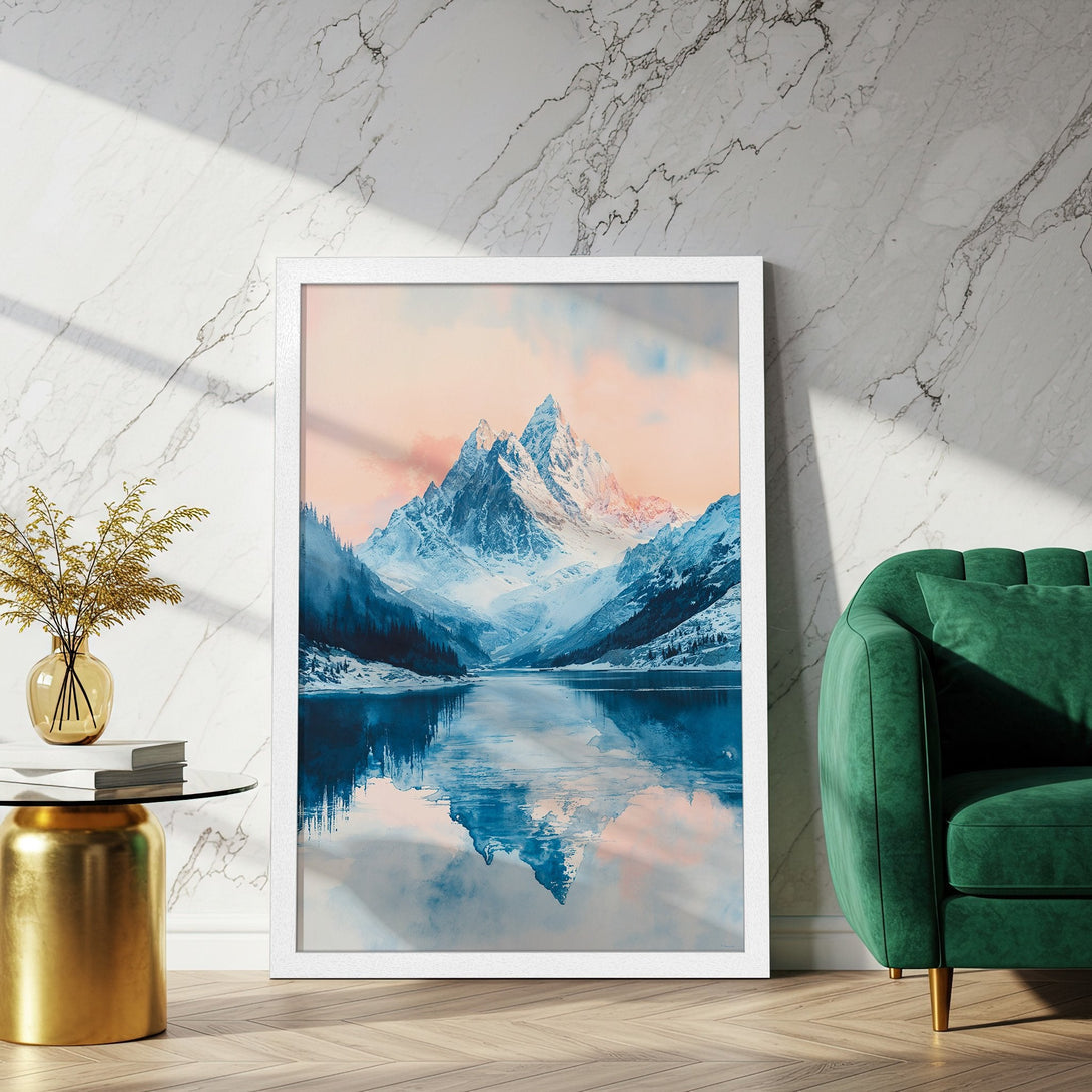 Framed Poster featuring a serene mountain landscape in blue and pink hues. Modern art style, perfect for home decor.