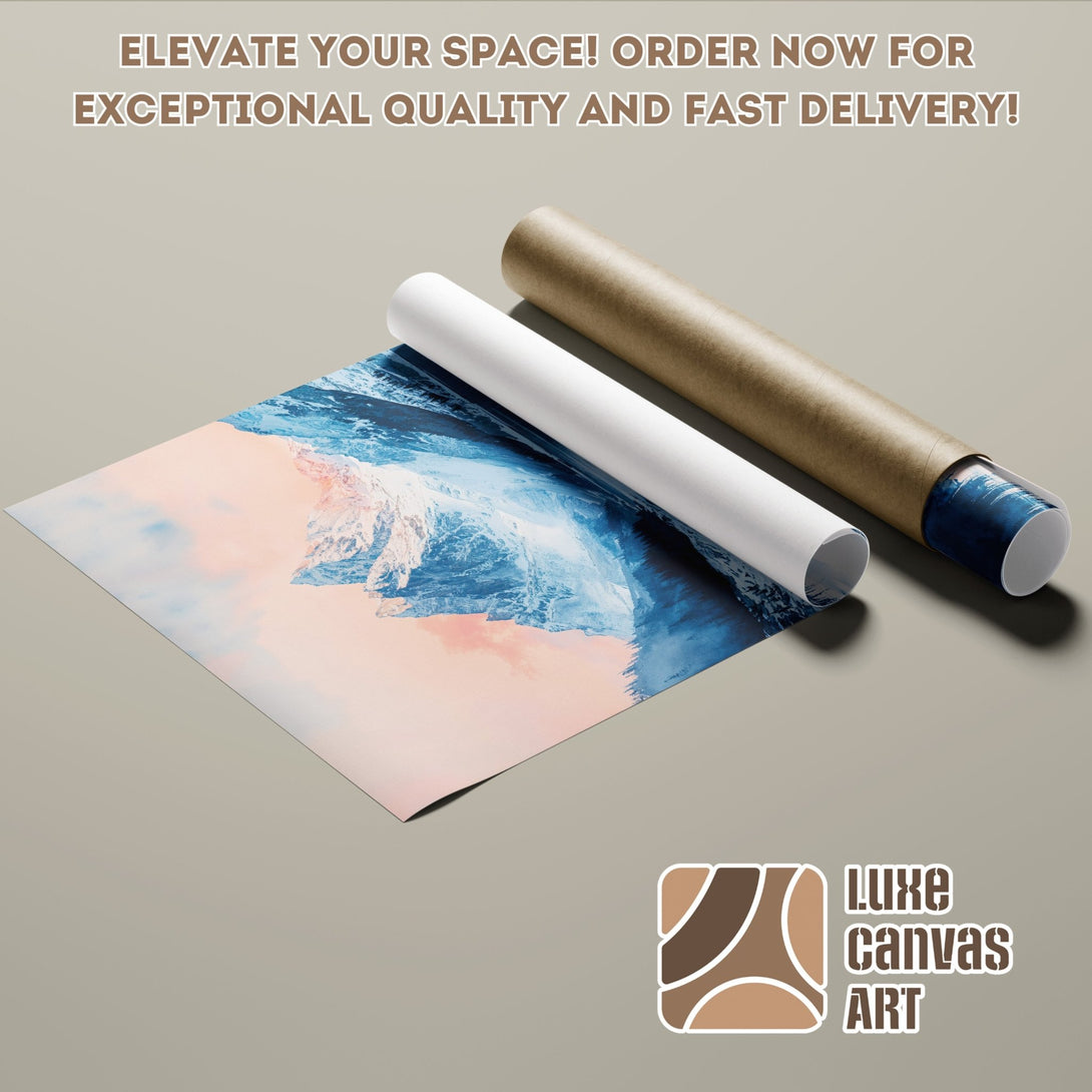 Poster Roll featuring a mountain landscape in blue and pink hues. Elevate your space with Luxe Canvas Art!