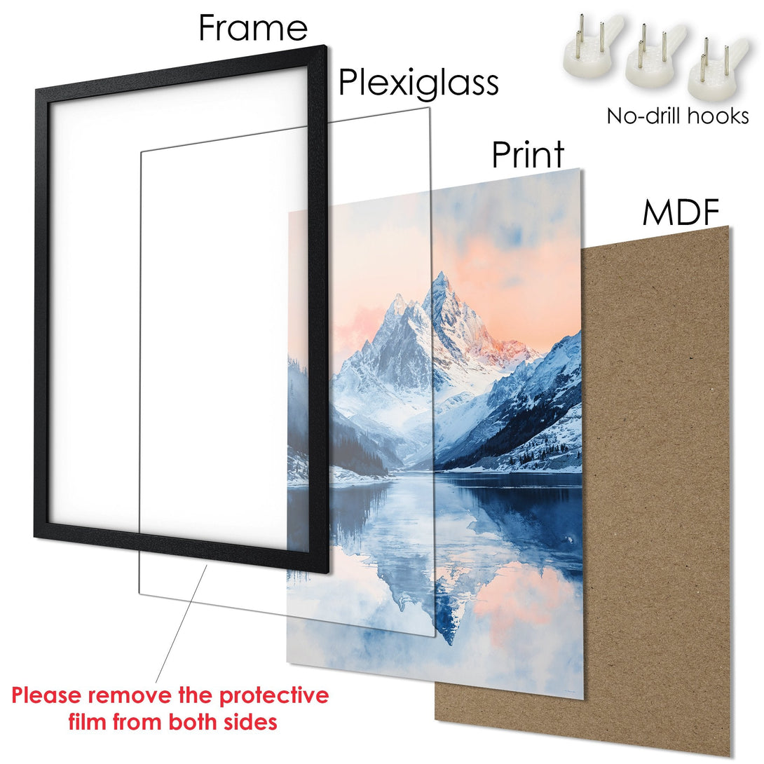 Framed Poster of a mountain landscape in blue and peach tones. Perfect wall art for your home!