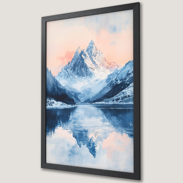 Framed Poster featuring a majestic mountain landscape in watercolor style with a blue and pink color palette. Perfect wall art!