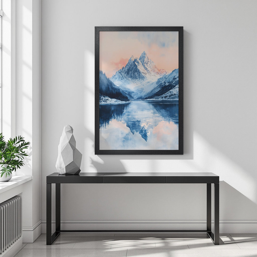 Framed Poster featuring a serene mountain landscape in blue and pink hues. Perfect wall art for a calming atmosphere.
