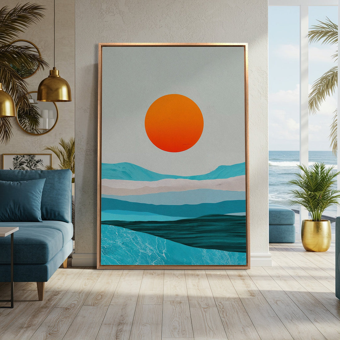Framed Wall Art: Abstract landscape with sun, sea, and mountains in teal and orange. Modern art canvas print perfect for coastal decor.