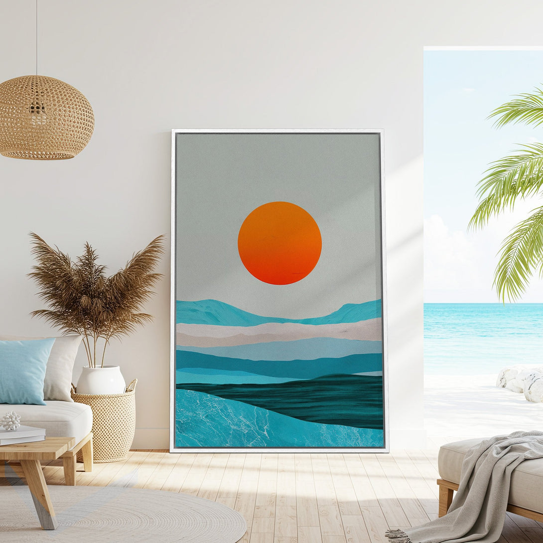 Framed Wall Art: Abstract landscape with an orange sun, blue and teal hues. Modern art for coastal decor. Canvas Print displayed in a bright interior.