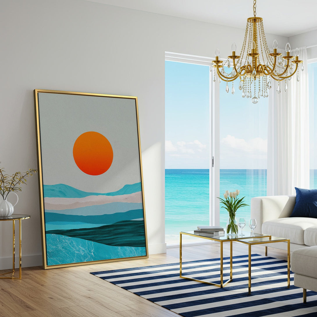 Canvas Print: Abstract landscape art with orange sun and blue hues. Modern decor in a bright, airy living room. Bring the outdoors in!