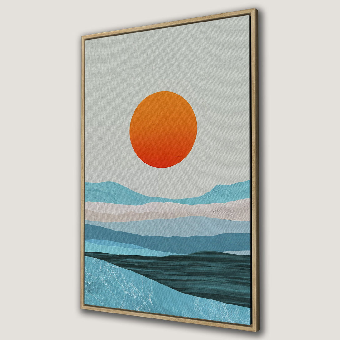 Framed Wall Art: Abstract landscape with orange sun, blue mountains, and sea. Modern art canvas print in cool, calming color palette for home decor.