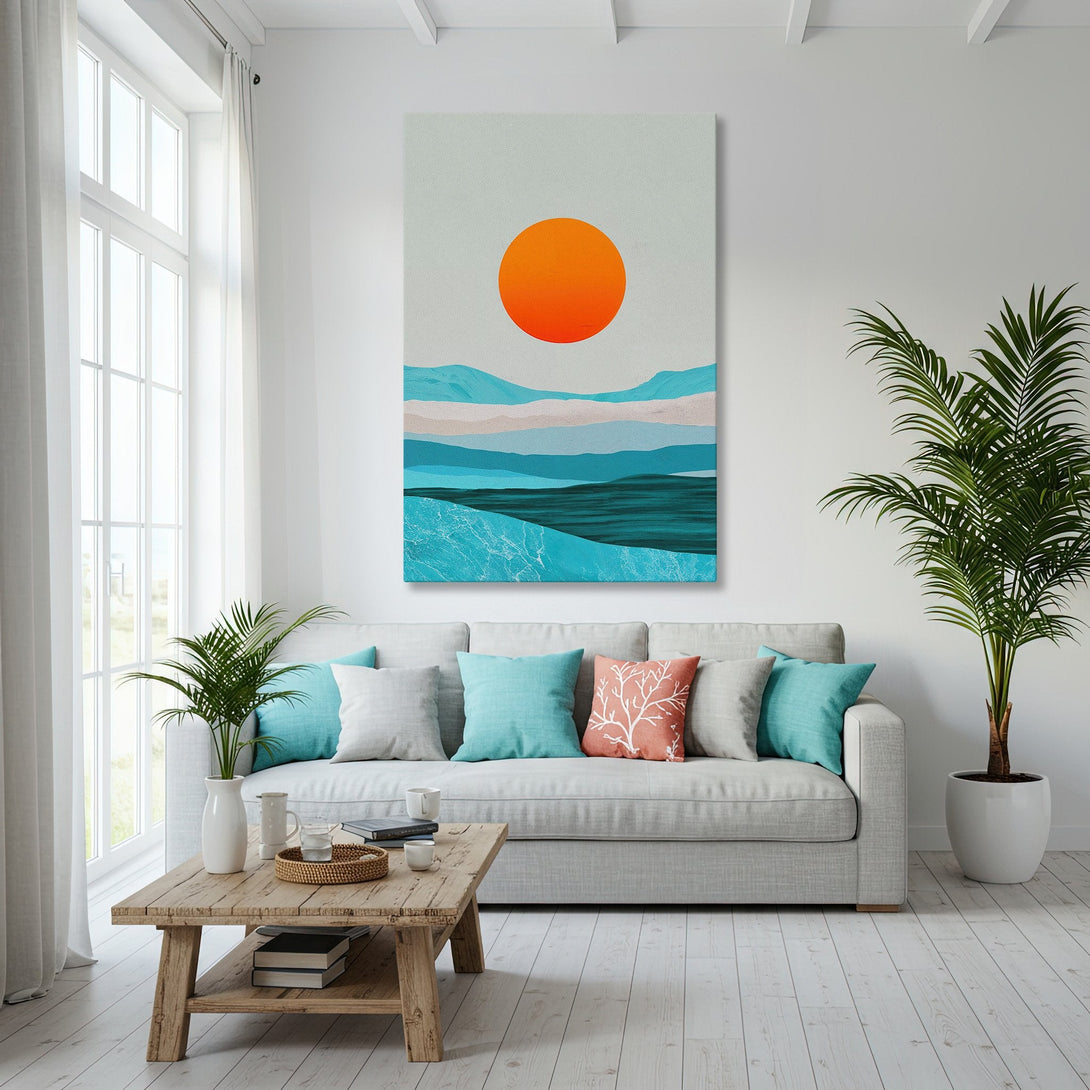 Framed Wall Art featuring an abstract landscape with an orange sun, in a modern coastal interior. Blue, teal, and orange color palette.