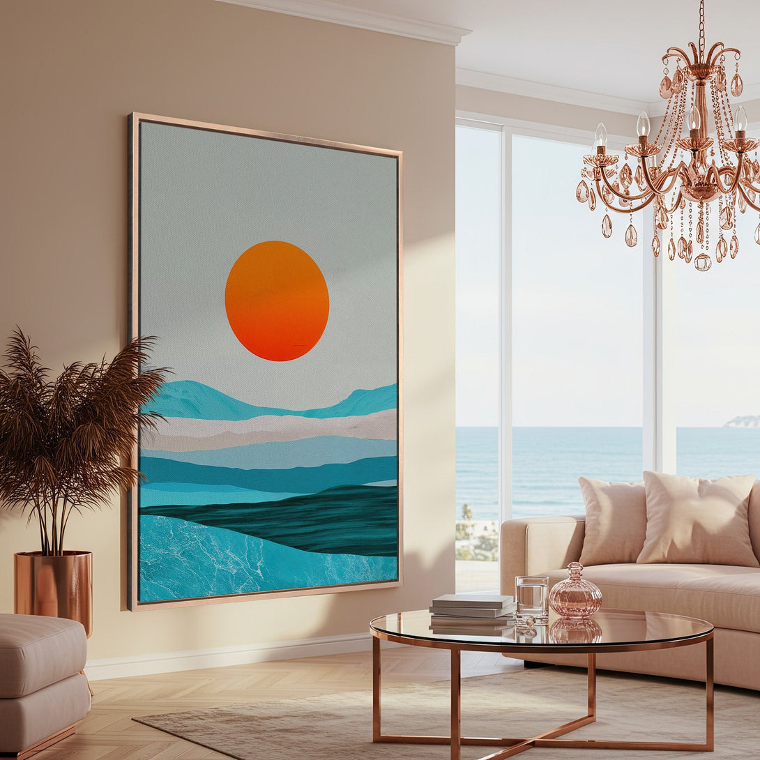 Framed Wall Art: Abstract landscape Canvas Print with orange sun, teal & blue tones, displayed in a modern living room. Perfect for coastal decor.