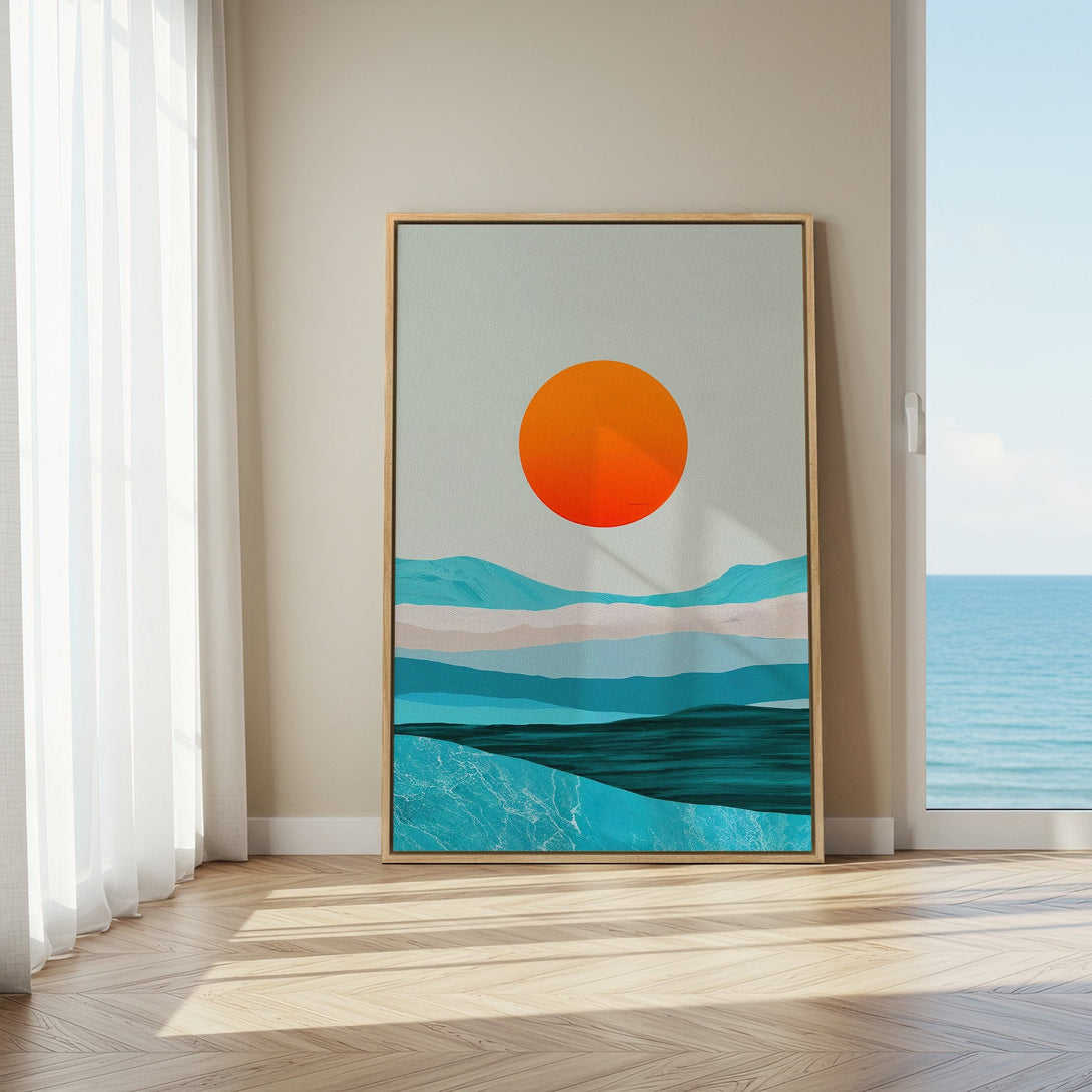 Framed Wall Art: Abstract landscape with orange sun and blue ocean. Modern art print in a minimalist style, perfect for home decor.