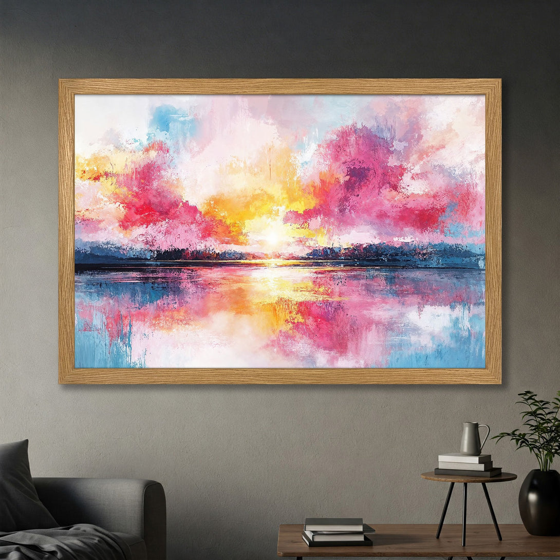 Framed Poster of a vibrant sunset over water, abstract style with a warm pink, yellow, and blue color palette. Perfect wall art!