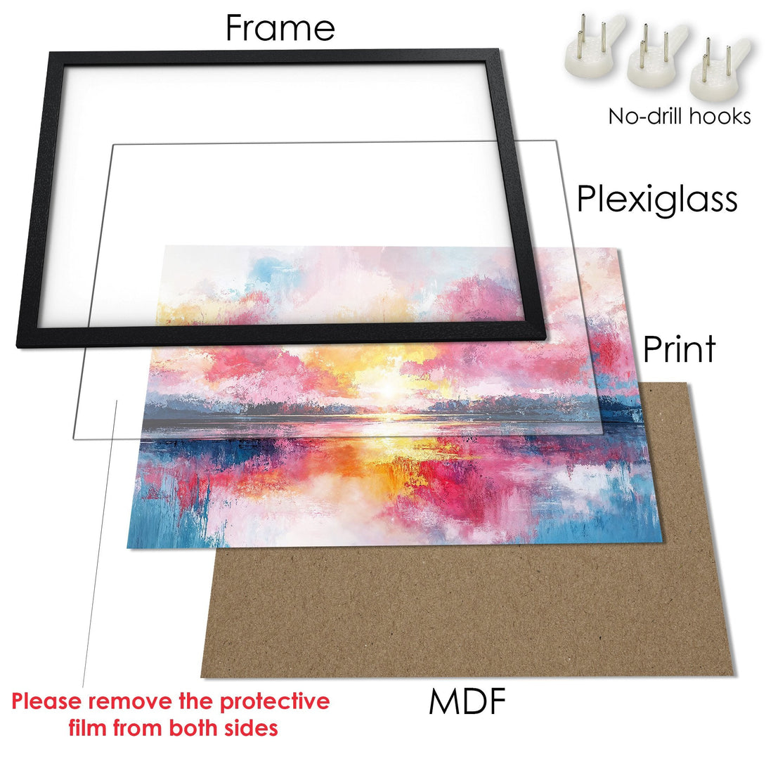 Framed Poster featuring an abstract sunset painting in vibrant pinks, blues, and yellows. Perfect wall art!