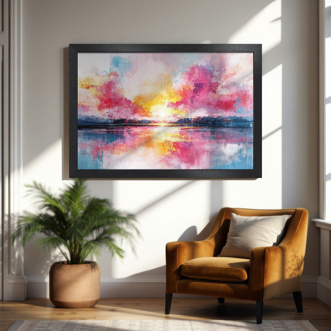 Framed Poster of abstract sunset art in vibrant pinks, yellows, and blues. Modern style, perfect for home decor.