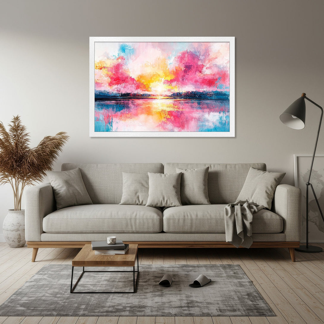 Framed Poster of colorful abstract landscape art. Features vibrant pink, blue, and yellow hues. Perfect for modern home decor.