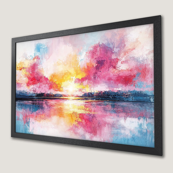 Framed Poster of colorful abstract sunset art. Vibrant pink, blue, and yellow hues. Perfect wall decor.