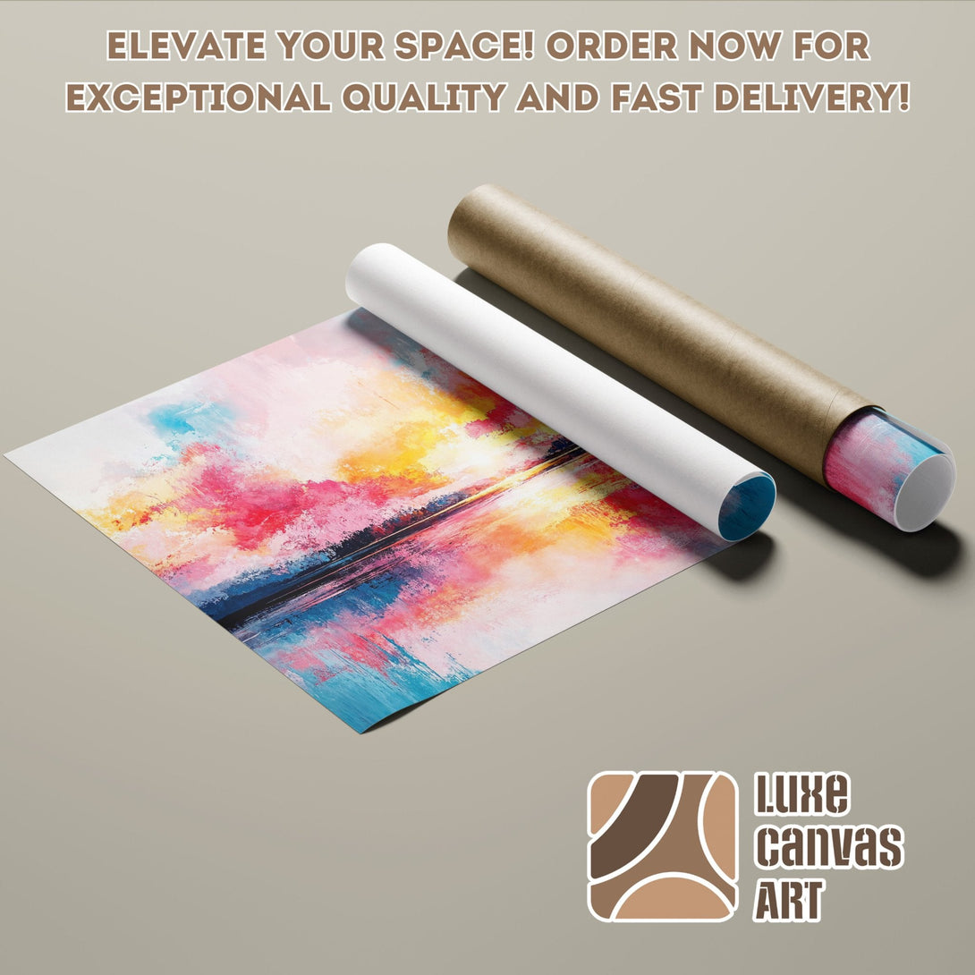 Abstract art poster roll with vibrant pinks, blues, and yellows. Elevate your space with this stunning poster!