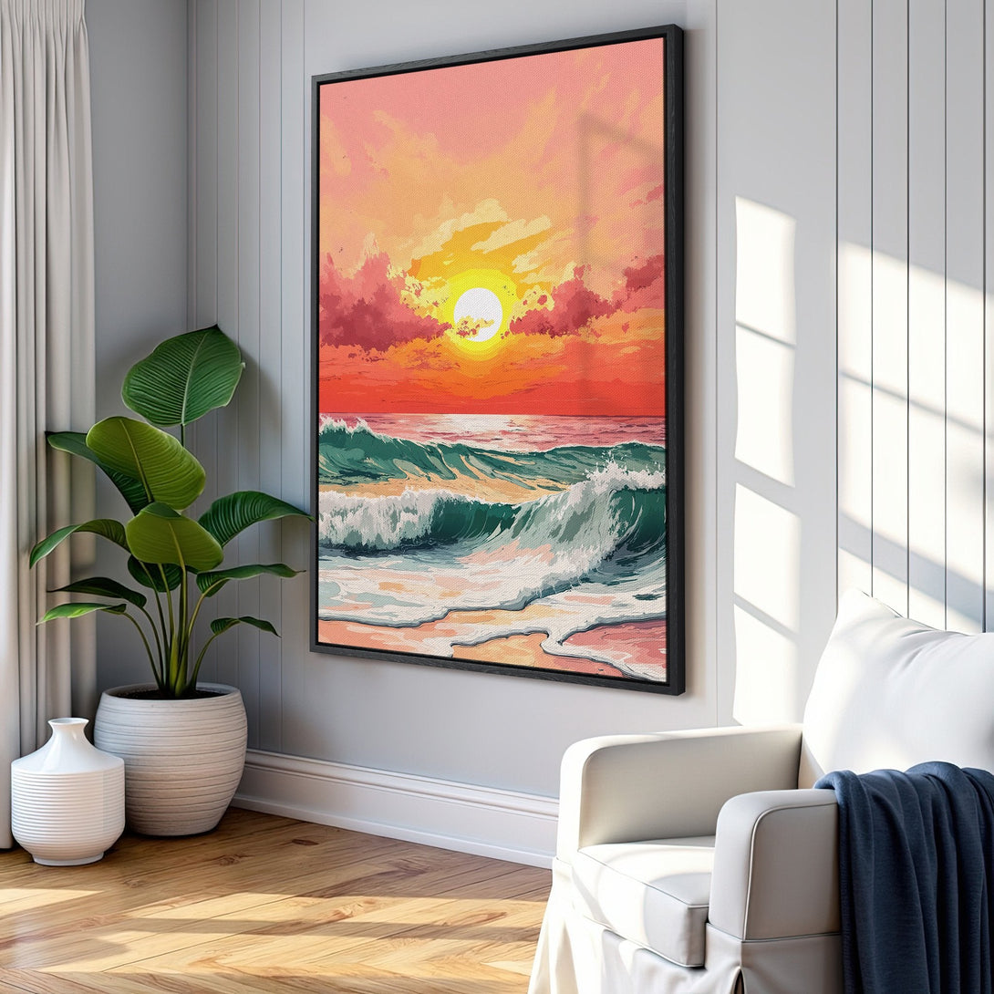 Framed Wall Art: Coastal sunset canvas print in warm orange and teal tones. Adds a vibrant, artistic touch to any interior.