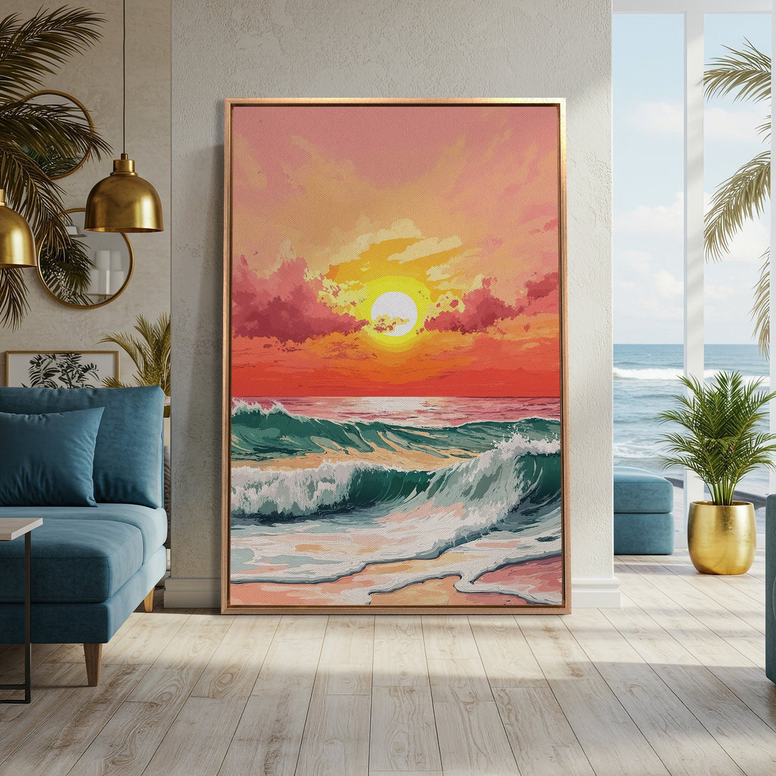 Framed Wall Art: Sunset over ocean canvas print. Coastal style with vibrant orange, pink, and teal hues. Perfect for adding a touch of serenity to any space.